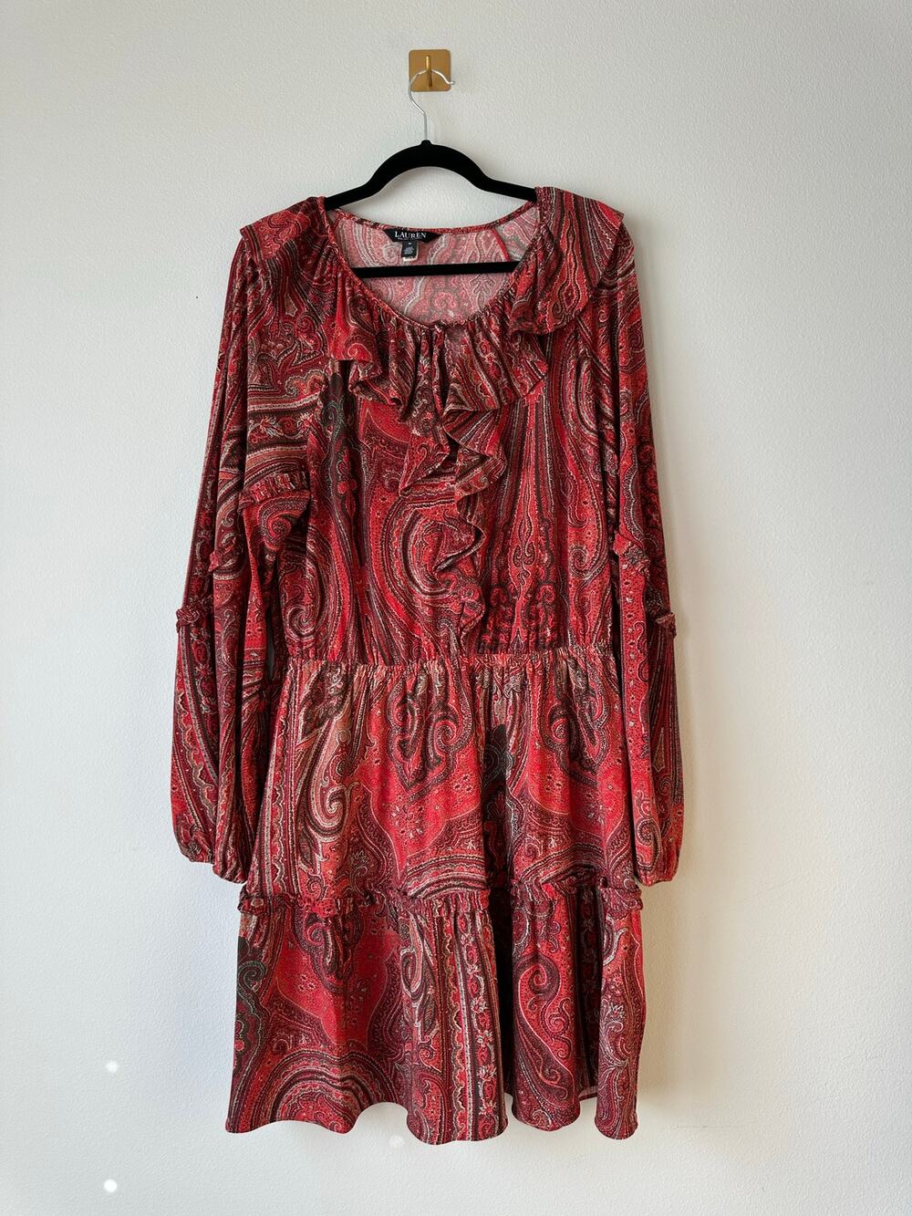Ralph Lauren Black Label Red Paisley Ruffle Dress | 70s Boho Luxe | Size 14